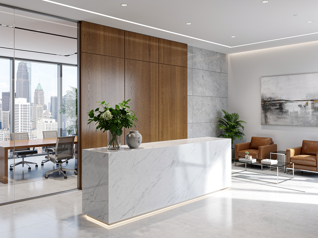 Recepción de oficina moderna con mostrador de mármol, paneles de madera, sala de espera y vista urbana