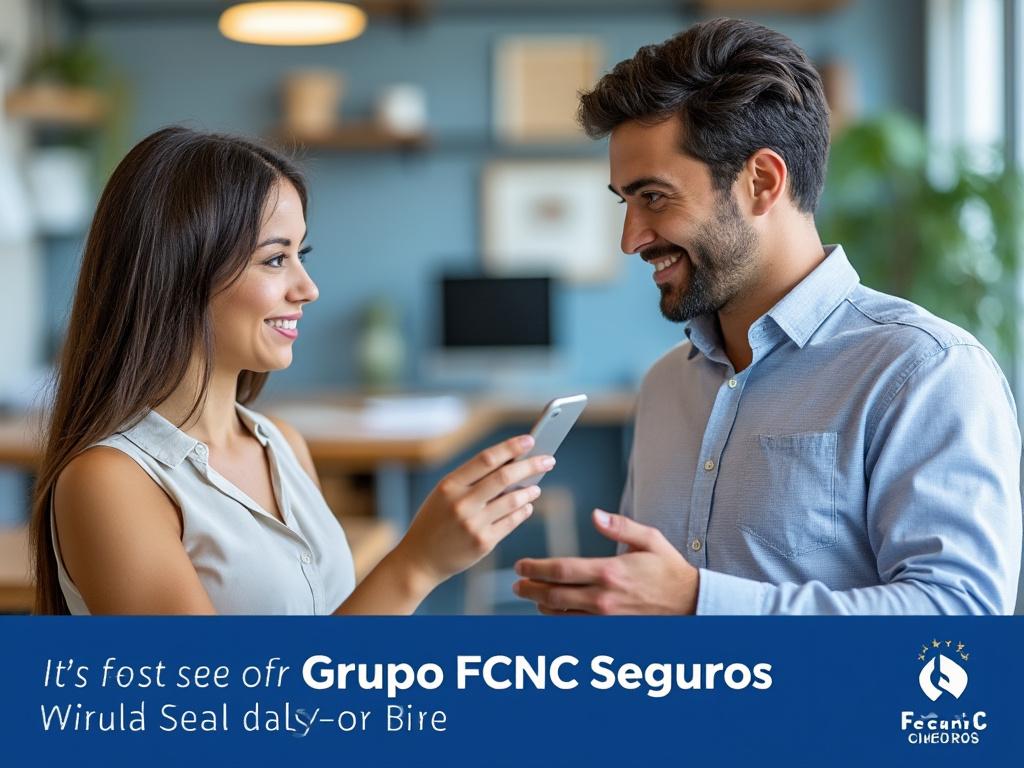 Una mujer mostrando su teléfono a un hombre sonriente en un entorno de oficina moderna, con texto sobre Grupo FCNC Seguros.