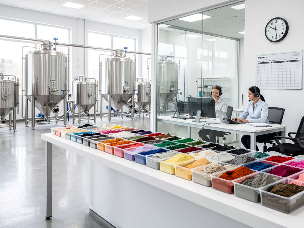 Laboratorio industrial moderno con tanques de acero, muestras de pigmentos de colores y personal técnico atendiendo clientes Laboratorio industrial moderno con tanques de acero, muestras de pigmentos de colores y personal técnico atendiendo clientes
