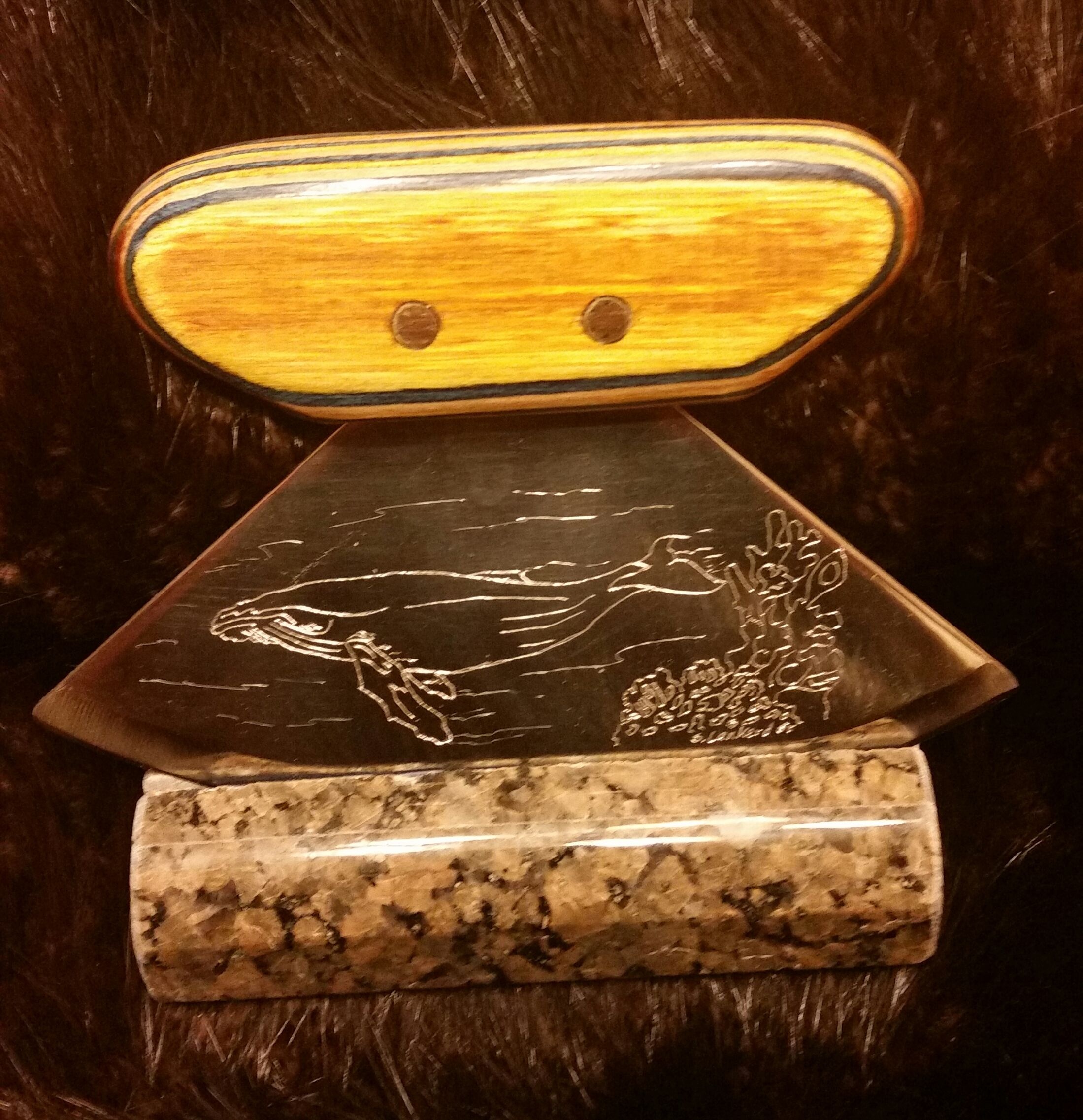 Humpback Whale Engraved Ulu with Dymondwood Handle and Granite base,   $110.00