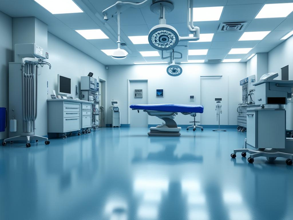 Sala de operaciones moderna con equipos médicos, mesa de operaciones en el centro, luces quirúrgicas en el techo y suelo azul brillante. Sala de operaciones moderna con equipos médicos, mesa de operaciones en el centro, luces quirúrgicas en el techo y suelo azul brillante.