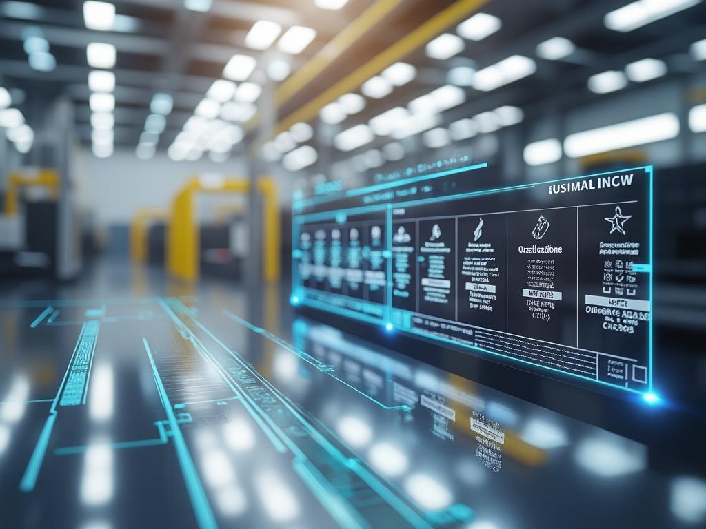 Imagen de un entorno industrial futurista con interfaces digitales holográficas y maquinaria automatizada en un taller tecnológico.