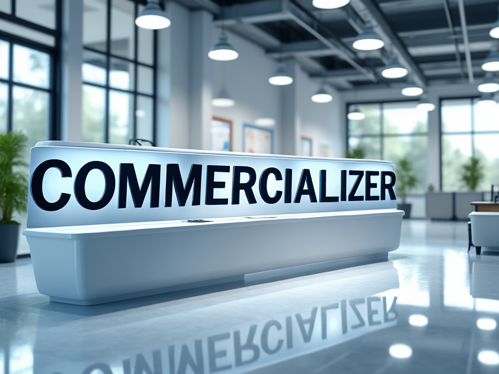 Letrero iluminado de 'COMMERCIALIZER' en un entorno de oficina moderna.