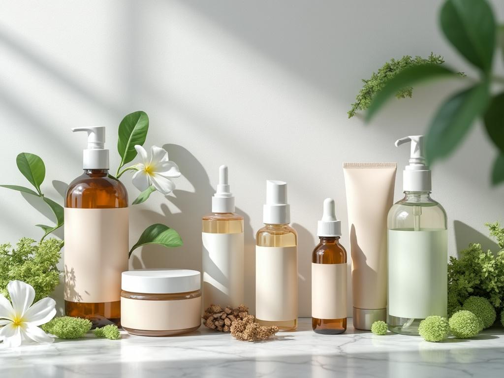 Envases de productos cosméticos naturales rodeados de hojas verdes y flores blancas en un fondo de mármol.