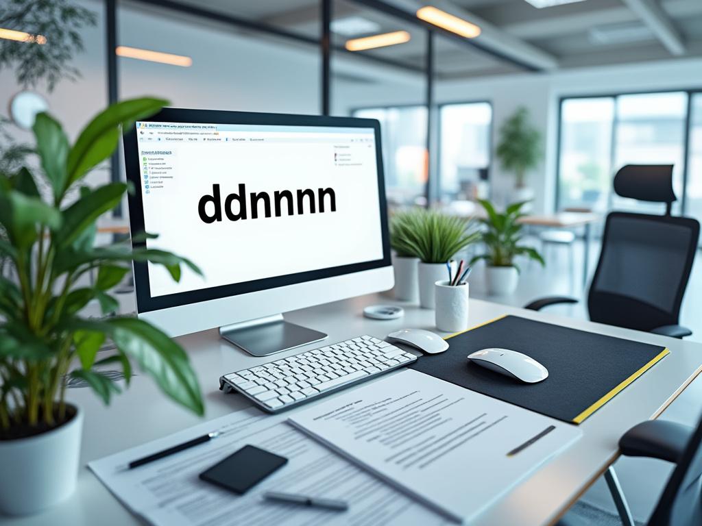Oficina moderna con computadora de escritorio, teclado blanco, ratón, plantas en macetas y documentos sobre el escritorio.