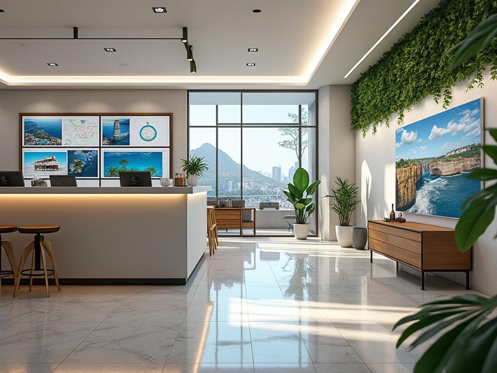 Recepción moderna con mostrador iluminado, plantas decorativas y grandes ventanas con vistas a la ciudad.