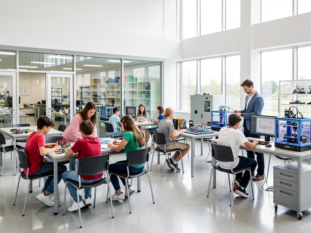 Estudiantes trabajando en un laboratorio escolar moderno con impresoras 3D y equipos de robótica