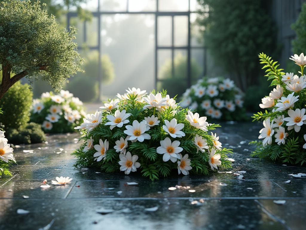 Jardín con flores blancas y verdes bajo luz suave de la mañana, rodeado de plantas y árboles pequeños.