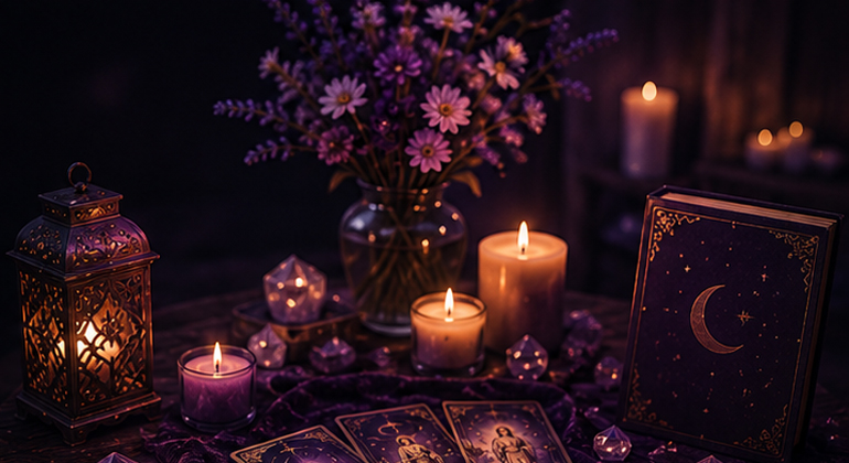 Tarot table with candles and flowers.
