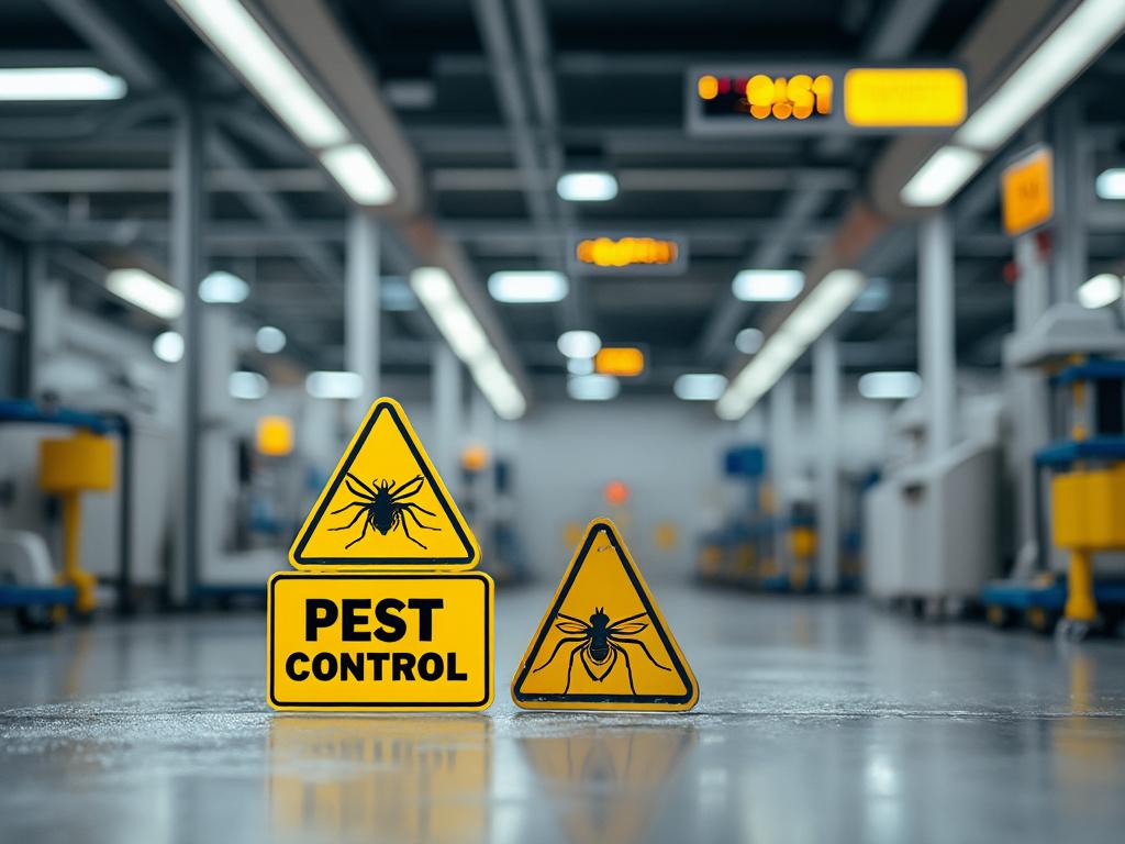 Señalización de control de plagas en un entorno industrial con iluminación fluorescente y equipos en el fondo.