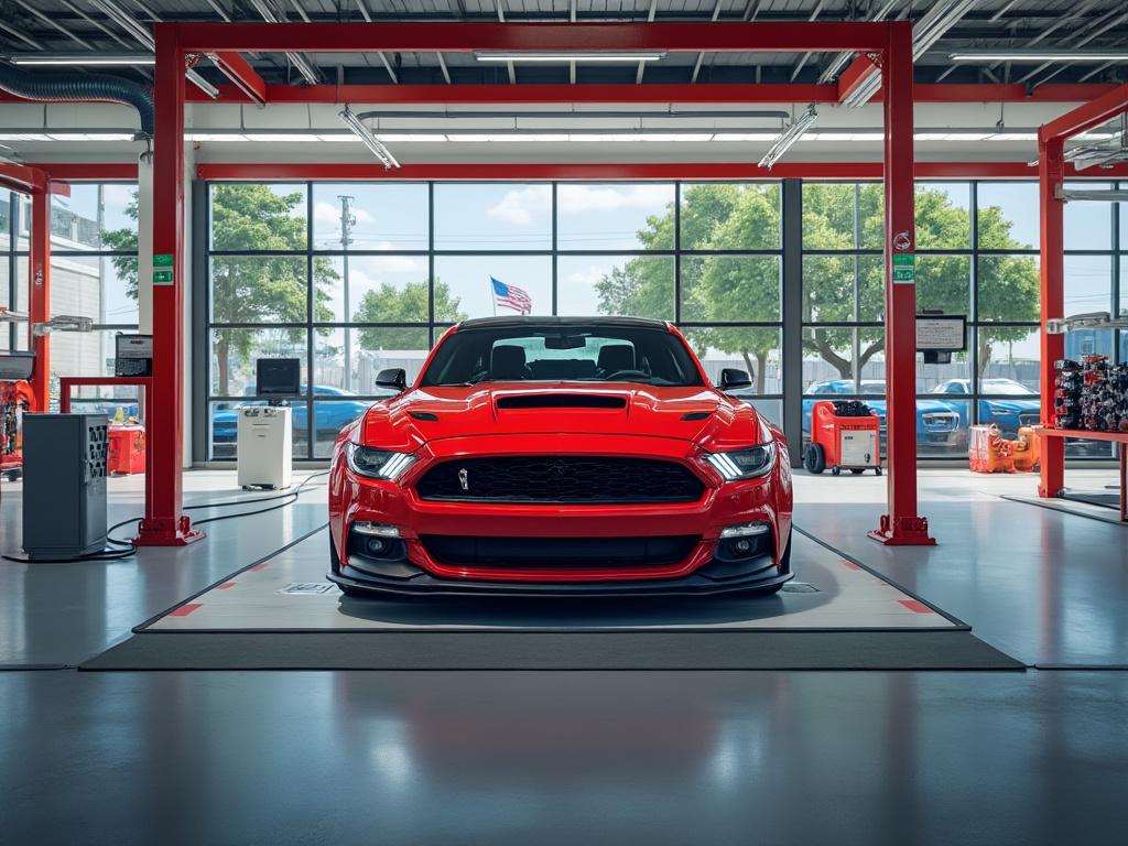 Red sports car displayed in a modern showroom with large windows and visible outdoor scenery.