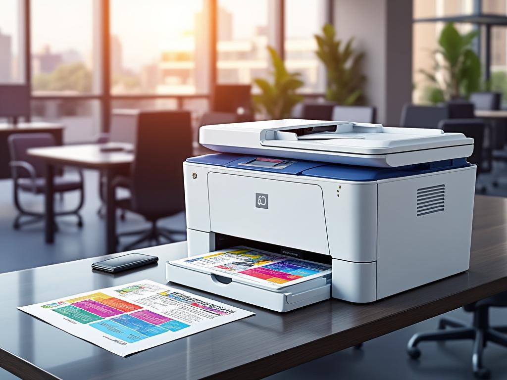 Impresora multifuncional en una oficina moderna con luz natural y plantas, emitiendo documentos coloridos.