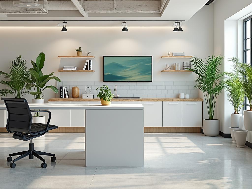 Oficina moderna con plantas, escritorio blanco, silla ergonómica negra, estanterías de madera y luz natural.