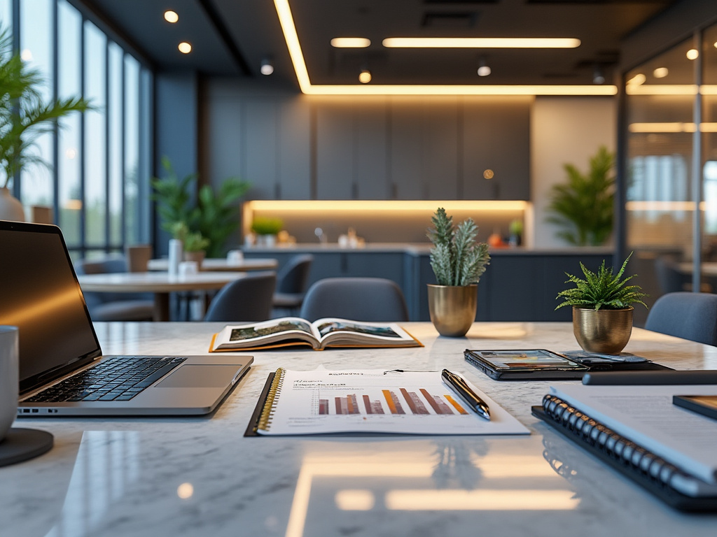Oficina moderna con mesa de mármol, portátil, documentos, plantas y decoración contemporánea.