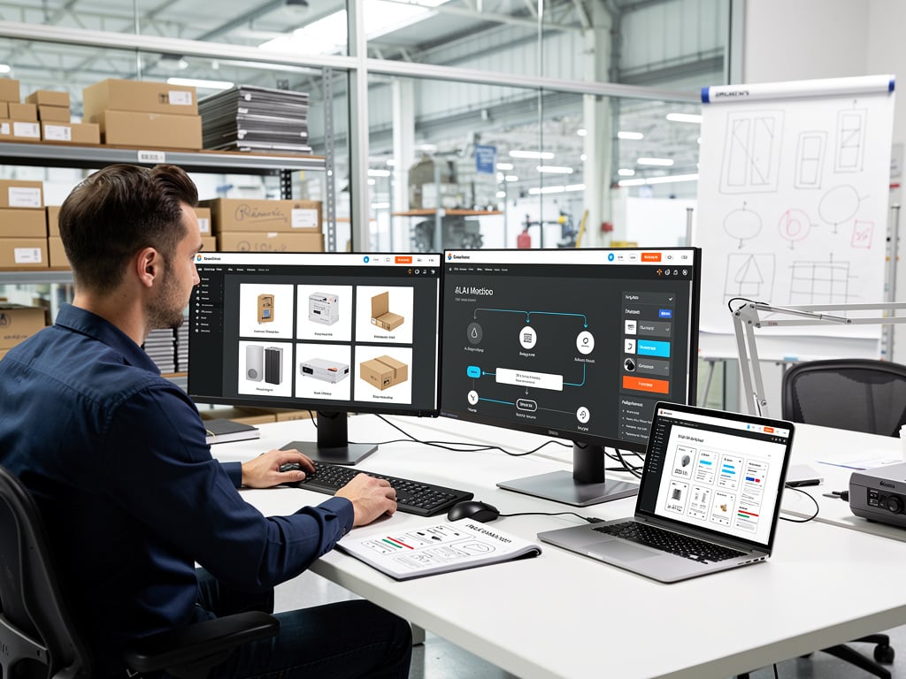 Designer trabalhando em estação com monitores exibindo embalagens e fluxos de UI em escritório industrial