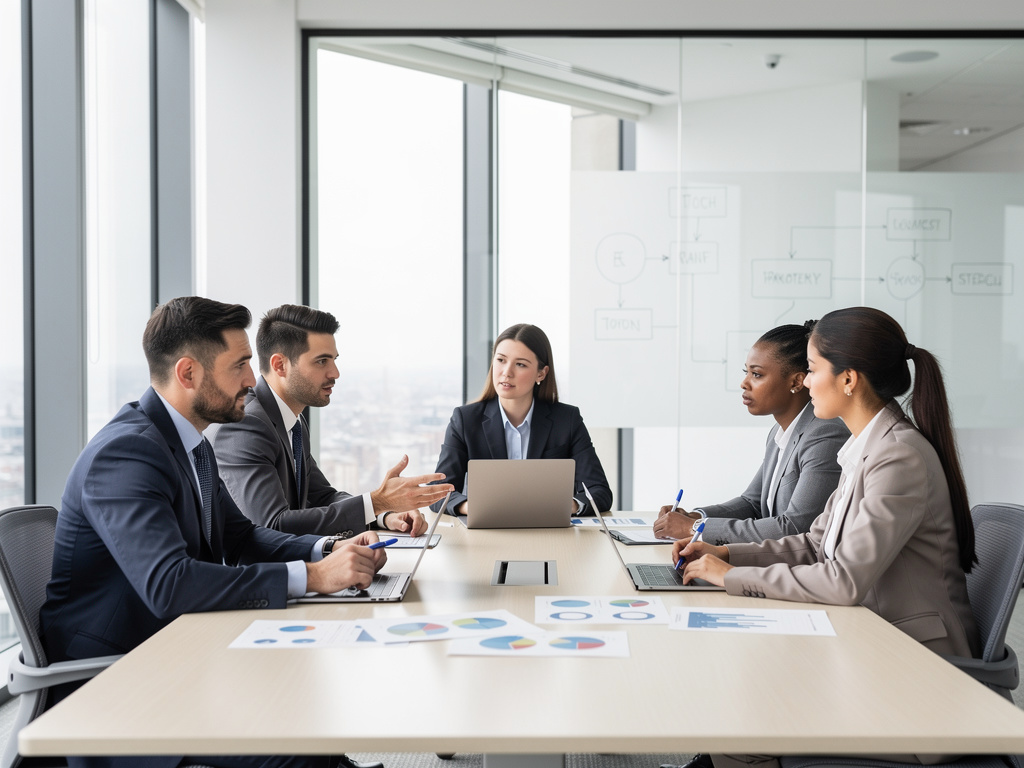 Equipo de negocios en reunión corporativa analizando gráficos y estrategia en una sala de conferencias moderna Equipo de negocios en reunión corporativa analizando gráficos y estrategia en una sala de conferencias moderna