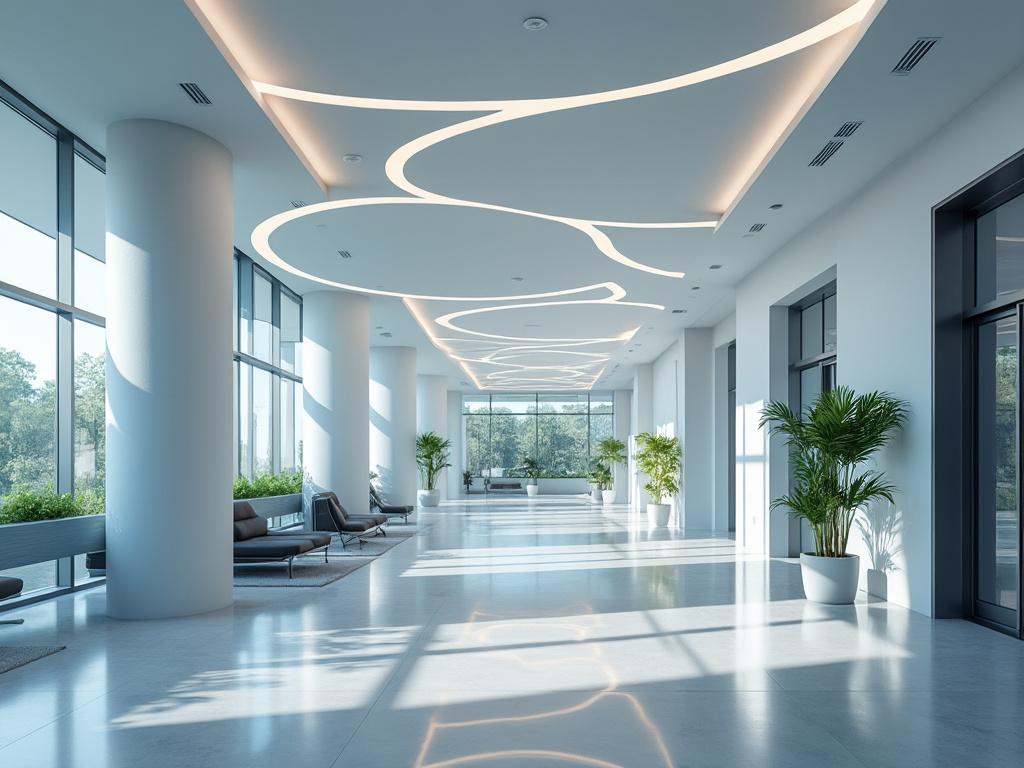 Vestíbulo moderno con techo de diseño, grandes ventanales y plantas decorativas.