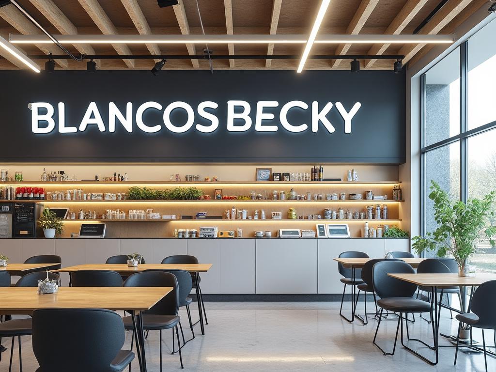 Interior de una cafetería moderna con letrero 'Blancos Becky', mesas de madera, sillas negras y estanterías llenas de productos y plantas decorativas.