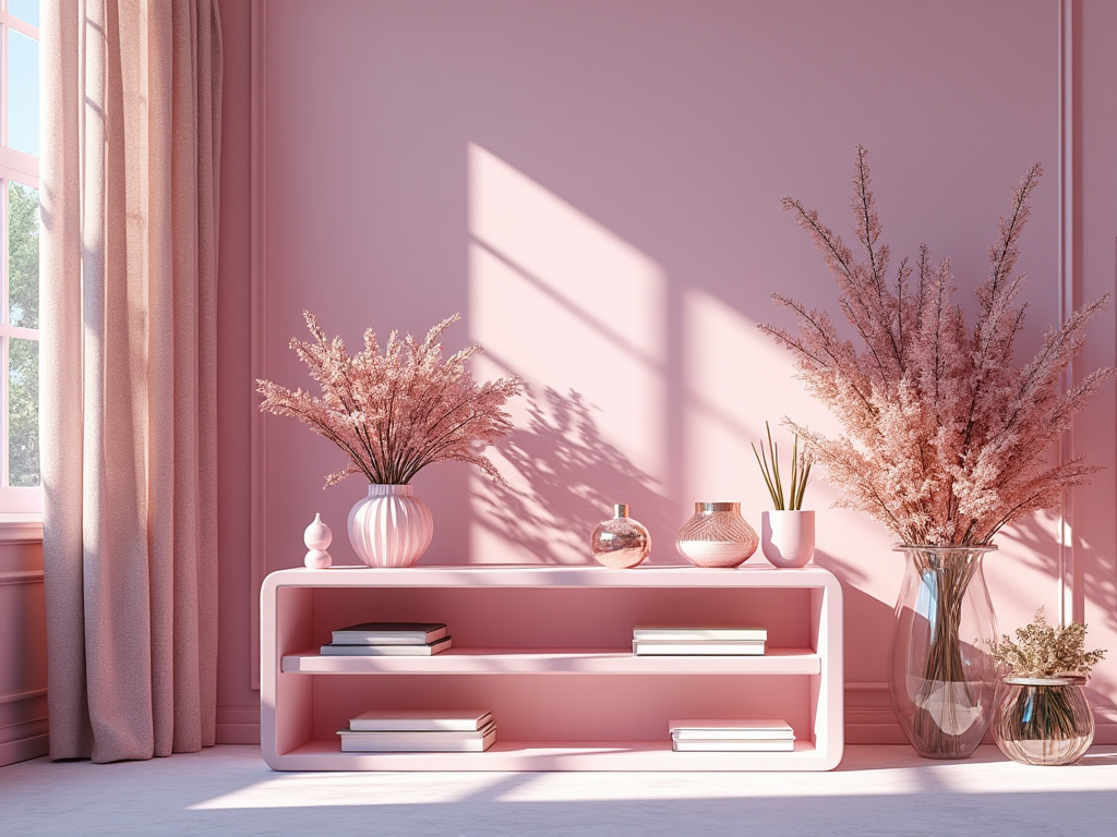 Elegant pink living room with decorative vases, flowers, and books on a modern shelf, bathed in natural sunlight.