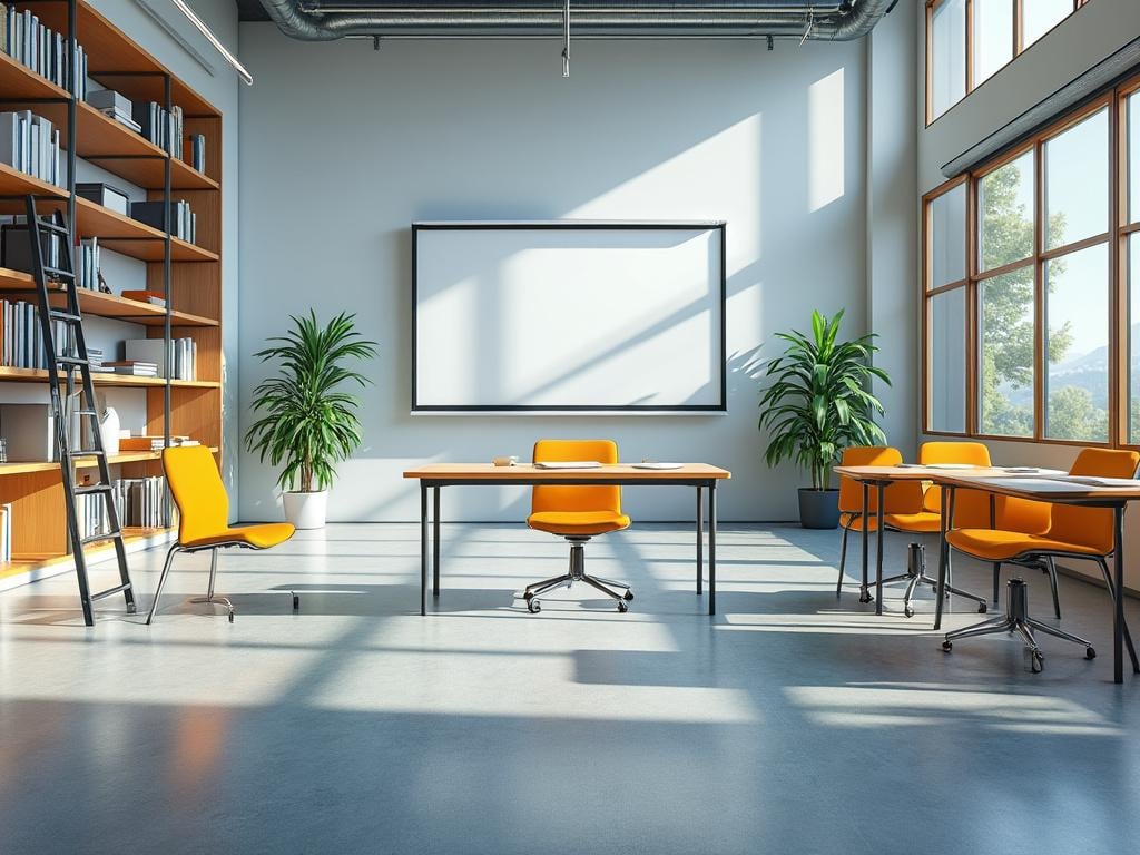 Sala de reuniones moderna con sillas naranjas, mesa de madera, pizarra blanca y plantas, iluminada por luz natural a través de ventanas grandes.
