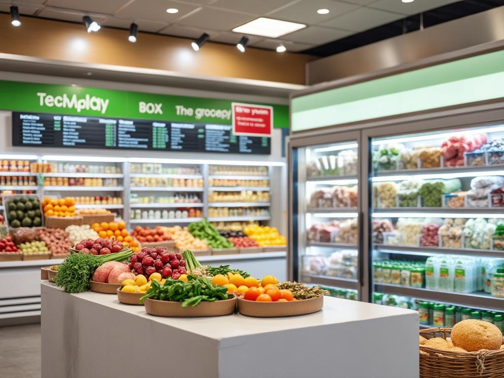 Interior de supermercado moderno con frutas y verduras frescas expuestas, estantes refrigerados al fondo llenos de productos y una pantalla de lista de precios.