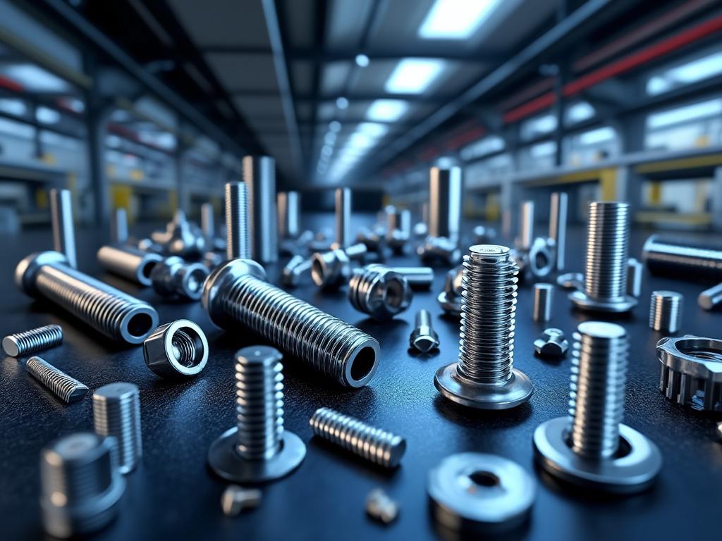 Variedad de tornillos y tuercas en una mesa en un entorno industrial.