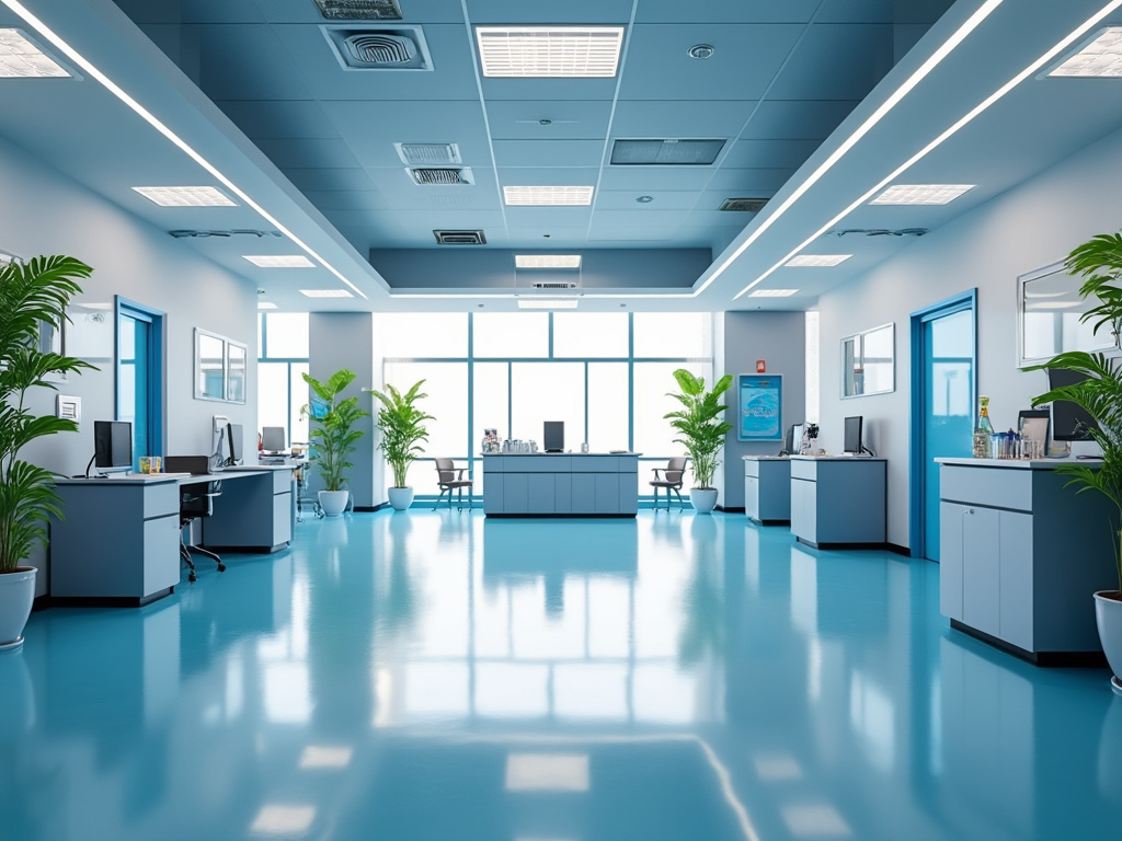 Oficina moderna con suelo azul brillante, muebles grises, ordenadores y plantas en macetas.