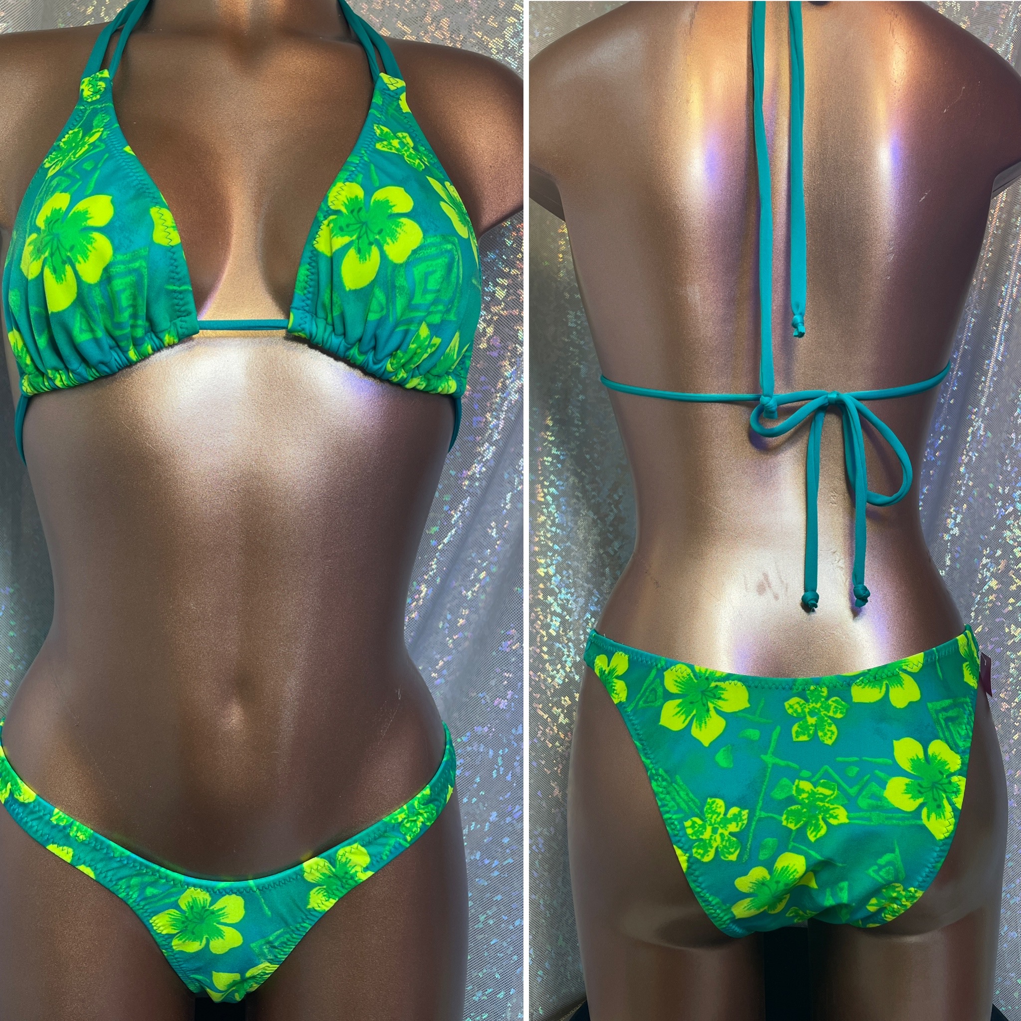 48.  C double string top
medium high cut bottom

$55 ( a suit )
mix and match same print
