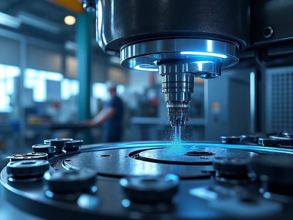 Máquina CNC operando en taller industrial con luz azul y dispositivo rotativo. Máquina CNC operando en taller industrial con luz azul y dispositivo rotativo.