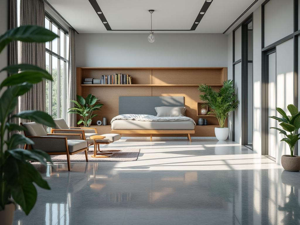 Dormitorio moderno y luminoso con cama, estantería de madera, plantas y grandes ventanales.