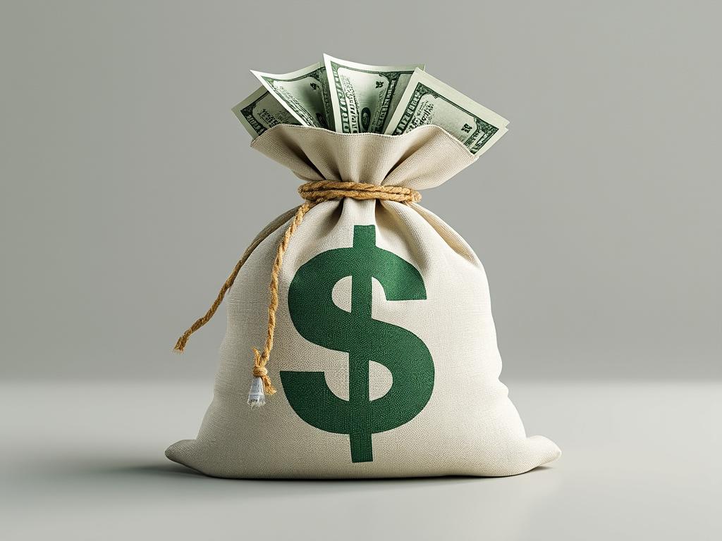 Canvas money bag with green dollar sign and protruding US dollar bills.