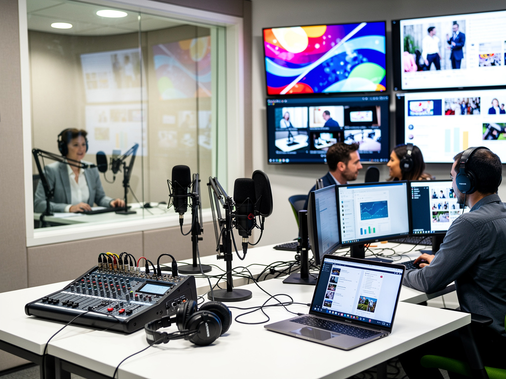 Estudio de radio y producción multimedia con micrófonos, mesa de sonido, auriculares, monitores y equipo técnico trabajando