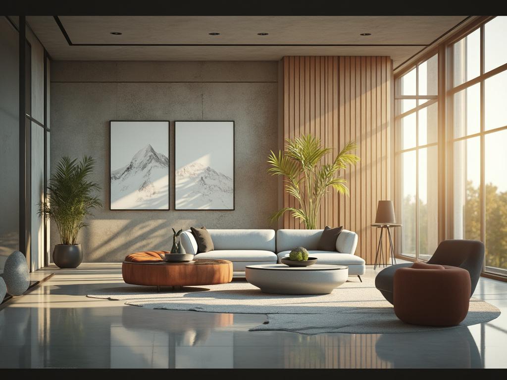 Sala de estar moderna con muebles elegantes, ventanas panorámicas, plantas y cuadros de montañas.