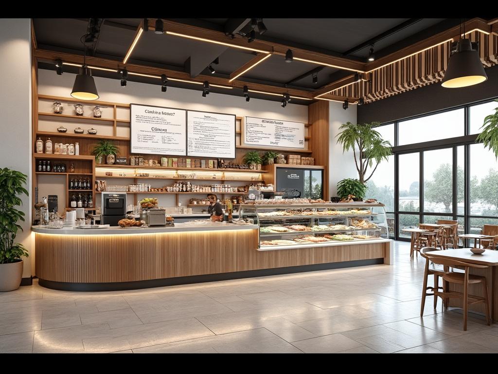 Interior de cafetería moderna con mostrador de pasteles, estanterías con productos y mesas junto a ventanas grandes.