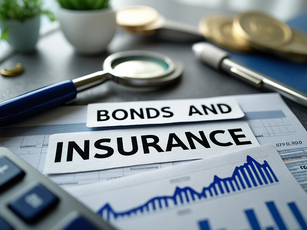 Documentos financieros de bonos y seguros con lupa, monedas, calculadora y gráficos de inversión