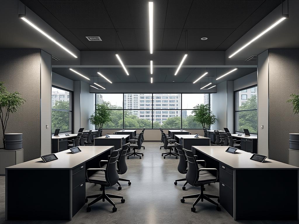 Modern open-plan office with rows of desks, ergonomic chairs, large windows, and indoor plants.
