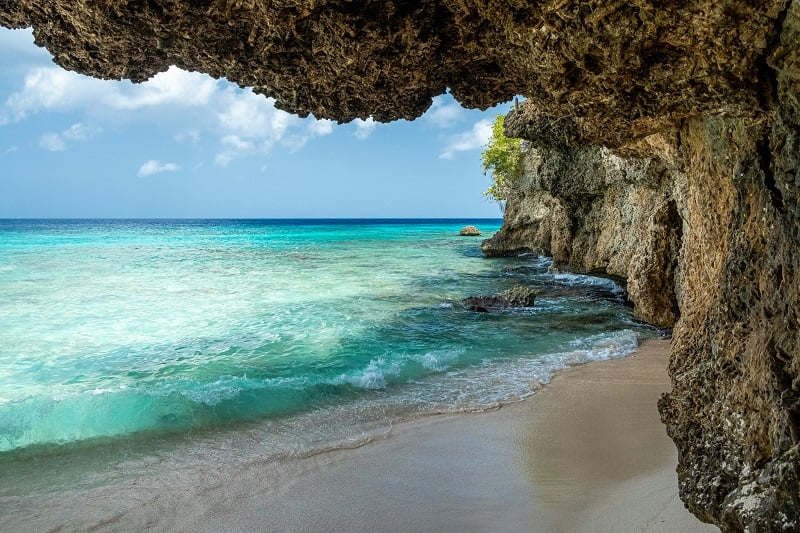 View from inside a cliff out to the ocean