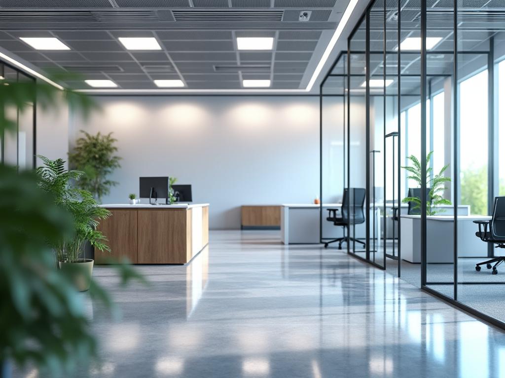 Oficina moderna con escritorios de madera, sillas ergonómicas y plantas decorativas, iluminada por luz natural.