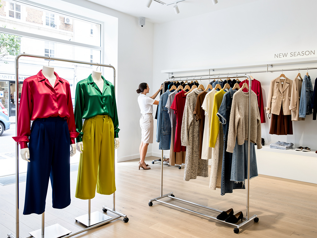 Boutique de moda moderna con maniquíes y percheros de ropa de nueva temporada