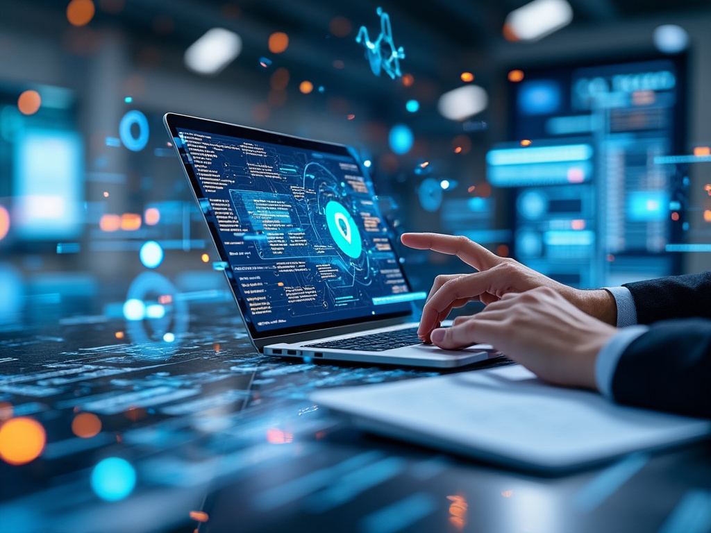 Profesional usando portátil con interfaz de ciberseguridad, código y escudo digital en entorno tecnológico futurista