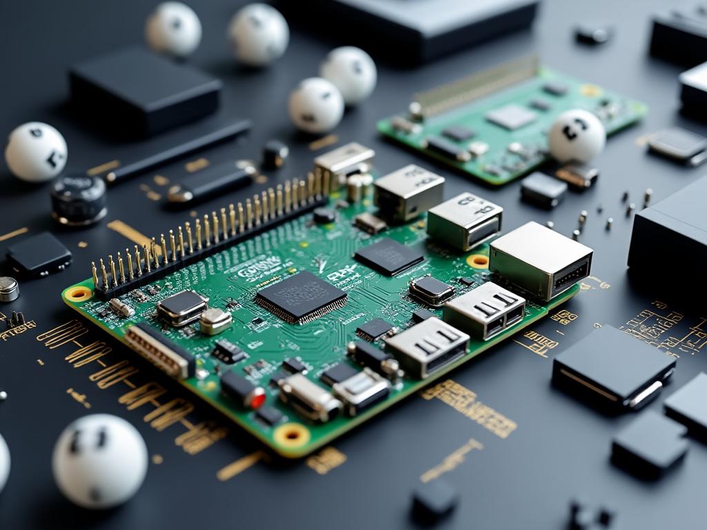 Close-up view of a green circuit board with various connectors and components on a dark surface with blurred chips and white spherical elements in the background.