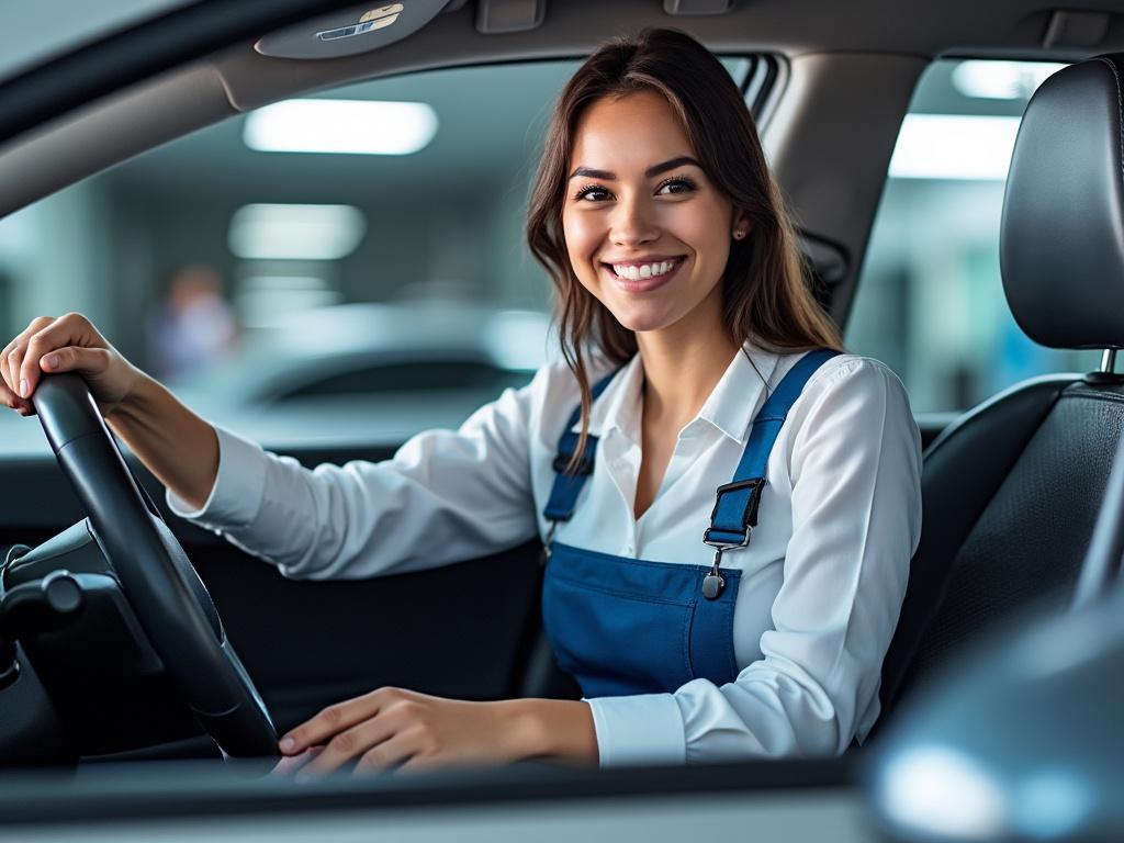 Mujer sonriente en uniforme de mecánica sentada al volante de un coche.