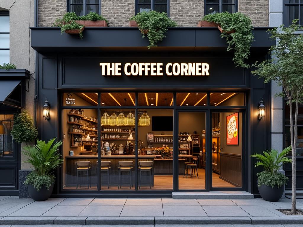 Fachada de una cafetería moderna llamada The Coffee Corner, con plantas decorativas y una iluminación cálida.