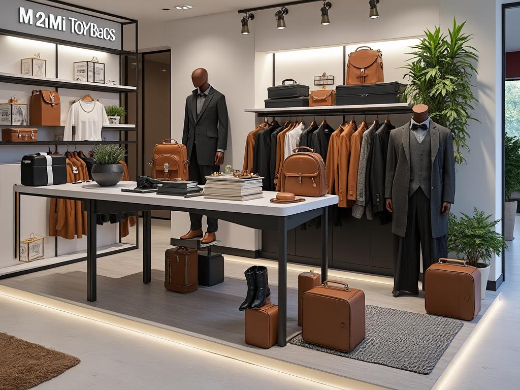Interior de tienda elegante con trajes y accesorios de cuero, incluyendo maletines y mochilas; decoración moderna con iluminación suave y plantas.