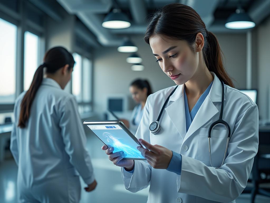 Doctora revisando imagen médica en tablet, dos colegas en segundo plano.