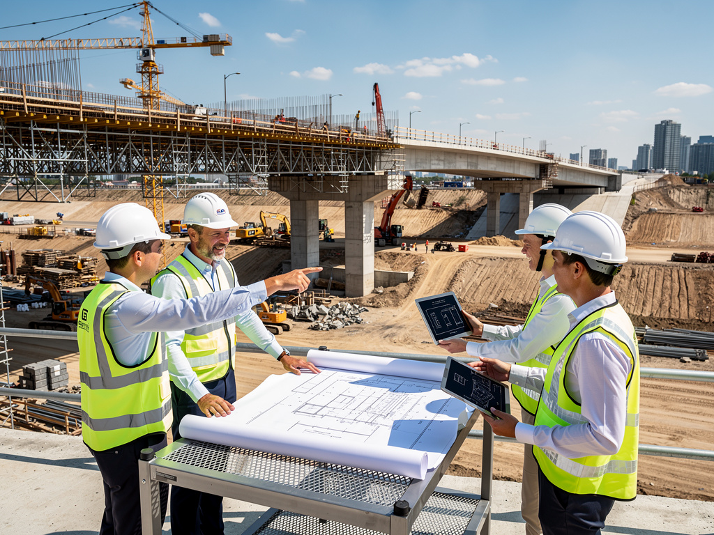 Ingenieros con cascos y planos revisan la construcción de un puente en obra con grúas y maquinaria