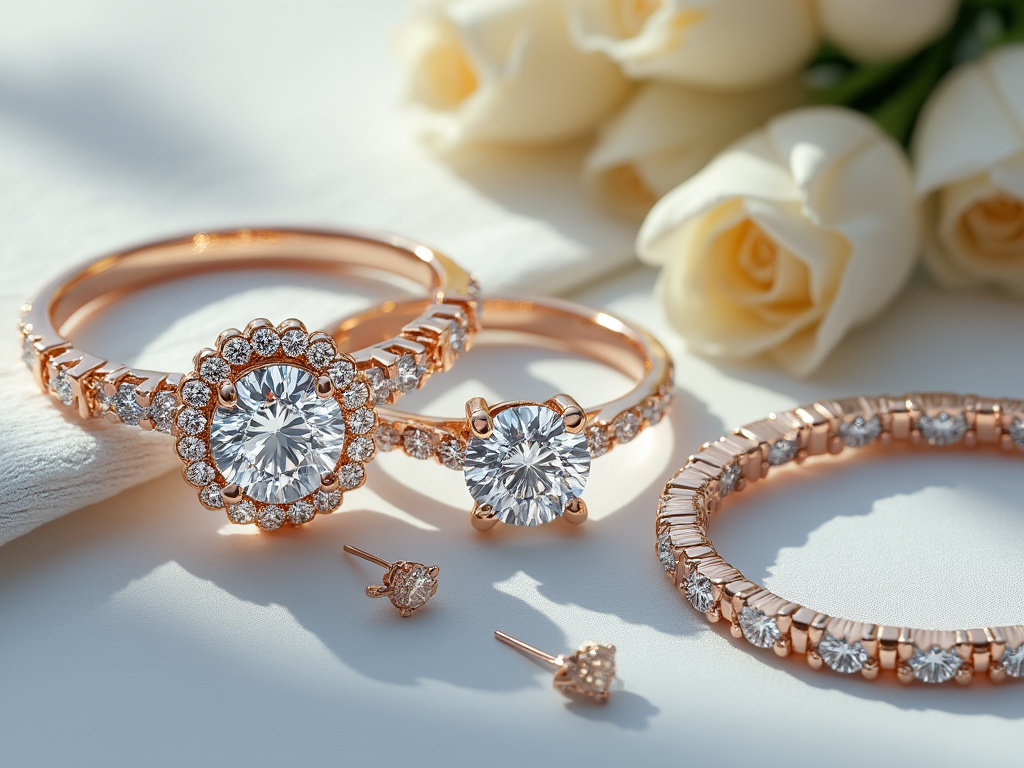 Joyas de oro rosa con diamantes sobre fondo blanco, incluye anillos, aretes y pulsera, con rosas blancas decorativas.