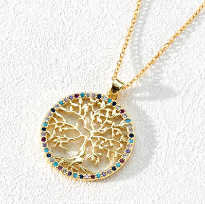 Classic Fashion Hollow Inlaid Zirconia Tree of Life Stainless Steel Necklace for Women Charm Amulet Religious Jewelry Party Gift