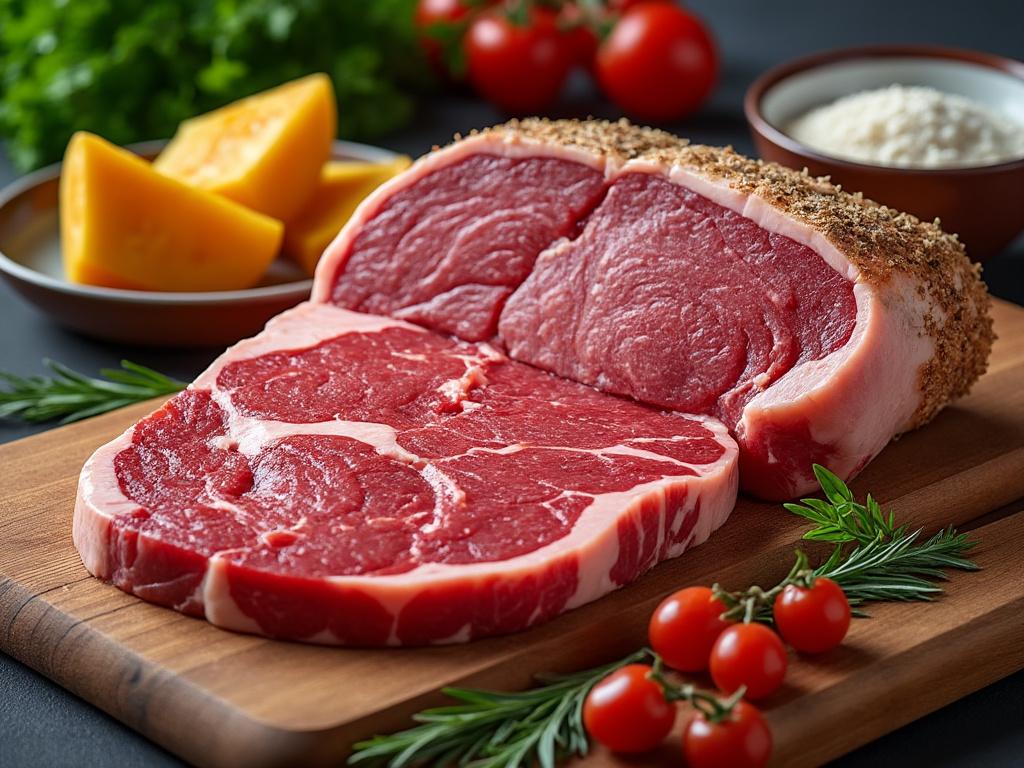 Corte de carne cruda sazonada en tabla de madera con tomates cherry, romero y calabaza en el fondo.