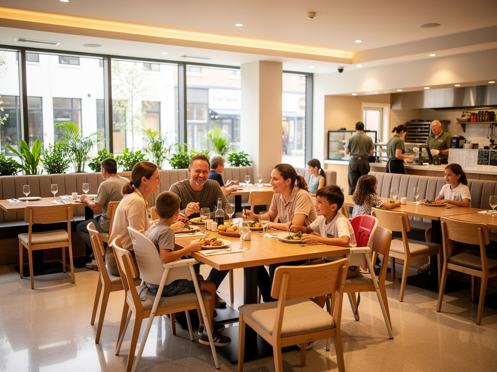 Familia comiendo en restaurante moderno y luminoso con niños, mesas de madera y cocina abierta